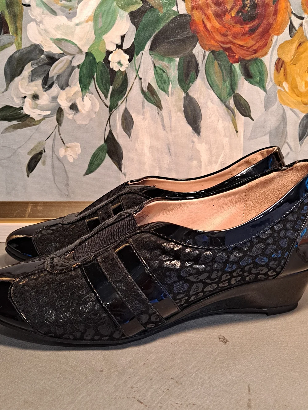 Taryn Rose Traveler Paislee Black Patent Textured Animal Print Slip-On Wedges